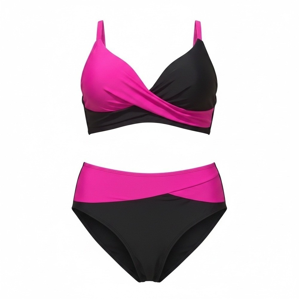 Women Bikini Set Hot Pink Black Colorblock High Waist Size L NEW